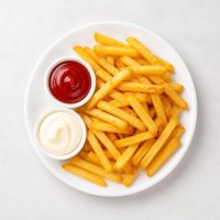 28. Pommes mit Ketchup u. Mayo.